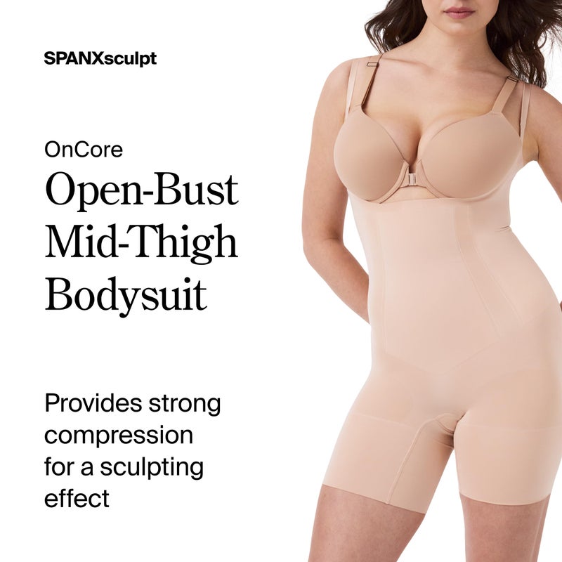 SPANX sculpt OnCore Open-Bust Mid-Thigh Bodysuit - Powerful Compression - Comfortable Shapewear - Adjustable Straps - Soft Nude - Medium - Image 2